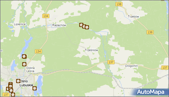 mapa Trześniów gmina Ośno Lubuskie, Trześniów gmina Ośno Lubuskie na mapie Targeo