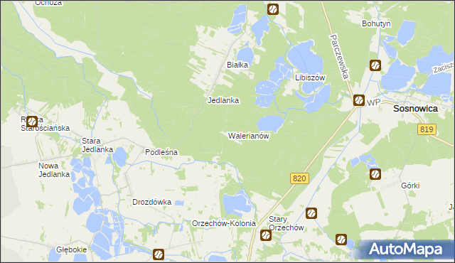 mapa Walerianów gmina Sosnowica, Walerianów gmina Sosnowica na mapie Targeo