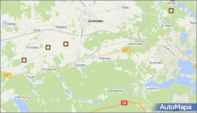 mapa Warkały gmina Jonkowo, Warkały gmina Jonkowo na mapie Targeo