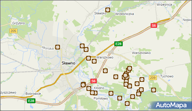 mapa Warszkowo gmina Sławno, Warszkowo gmina Sławno na mapie Targeo