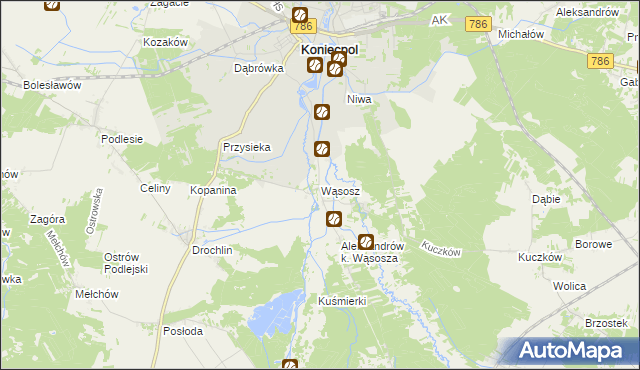 mapa Wąsosz gmina Koniecpol, Wąsosz gmina Koniecpol na mapie Targeo