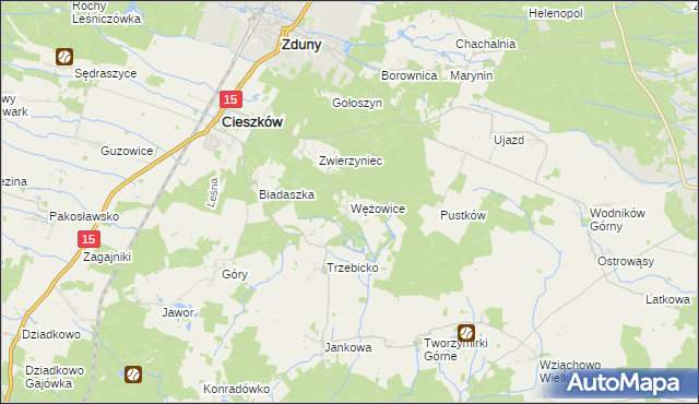 mapa Wężowice gmina Cieszków, Wężowice gmina Cieszków na mapie Targeo