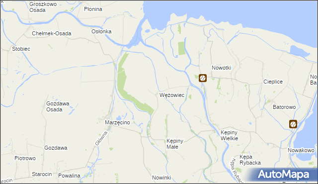 mapa Wężowiec gmina Nowy Dwór Gdański, Wężowiec gmina Nowy Dwór Gdański na mapie Targeo