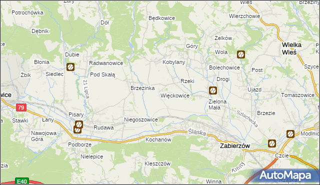 mapa Więckowice gmina Zabierzów, Więckowice gmina Zabierzów na mapie Targeo