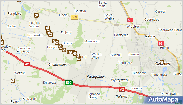 mapa Wielka Wieś gmina Parzęczew, Wielka Wieś gmina Parzęczew na mapie Targeo