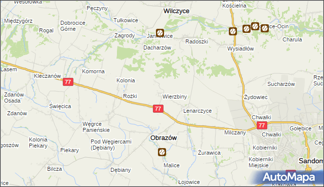 mapa Wierzbiny gmina Obrazów, Wierzbiny gmina Obrazów na mapie Targeo