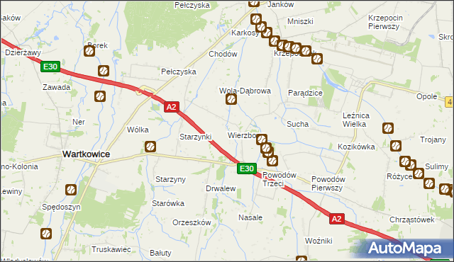 mapa Wierzbowa gmina Wartkowice, Wierzbowa gmina Wartkowice na mapie Targeo