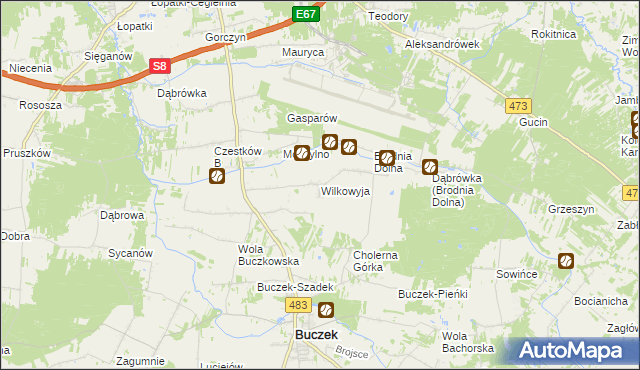 mapa Wilkowyja gmina Buczek, Wilkowyja gmina Buczek na mapie Targeo
