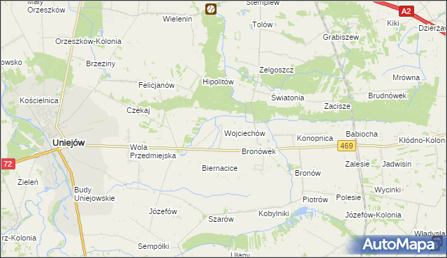 mapa Wojciechów gmina Wartkowice, Wojciechów gmina Wartkowice na mapie Targeo