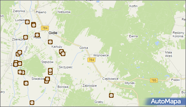 mapa Wojnowice gmina Gidle, Wojnowice gmina Gidle na mapie Targeo