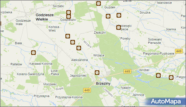 mapa Wrząca gmina Brzeziny, Wrząca gmina Brzeziny na mapie Targeo