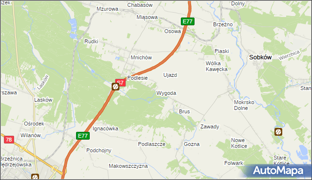 mapa Wygoda gmina Jędrzejów, Wygoda gmina Jędrzejów na mapie Targeo