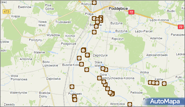 mapa Zagórzyce gmina Poddębice, Zagórzyce gmina Poddębice na mapie Targeo