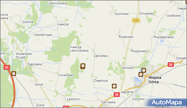 mapa Zakrzewo gmina Miejska Górka, Zakrzewo gmina Miejska Górka na mapie Targeo