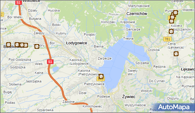 mapa Zarzecze gmina Łodygowice, Zarzecze gmina Łodygowice na mapie Targeo