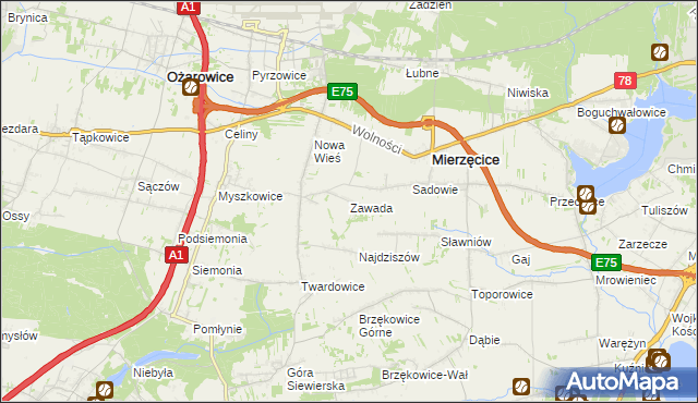 mapa Zawada gmina Mierzęcice, Zawada gmina Mierzęcice na mapie Targeo