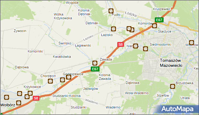 mapa Zawada gmina Tomaszów Mazowiecki, Zawada gmina Tomaszów Mazowiecki na mapie Targeo