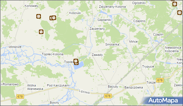 mapa Zawady gmina Turośń Kościelna, Zawady gmina Turośń Kościelna na mapie Targeo