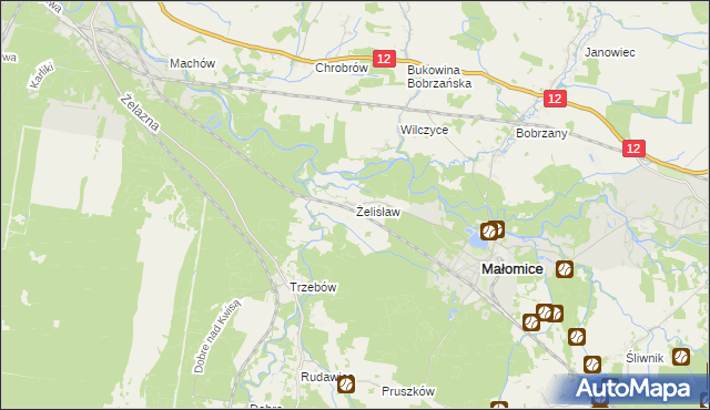 mapa Żelisław gmina Małomice, Żelisław gmina Małomice na mapie Targeo