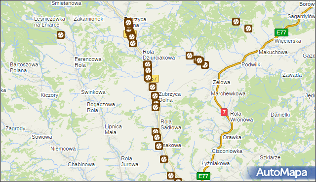 mapa Zubrzyca Dolna, Zubrzyca Dolna na mapie Targeo