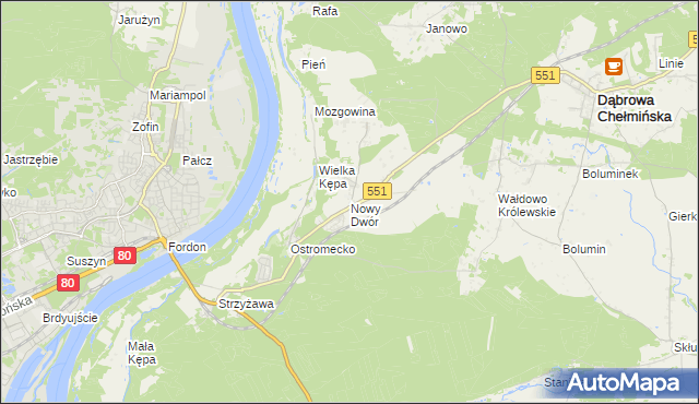 mapa Nowy Dwór gmina Dąbrowa Chełmińska, Nowy Dwór gmina Dąbrowa Chełmińska na mapie Targeo