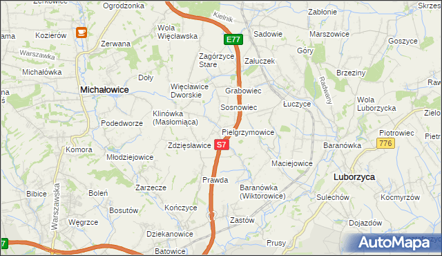 mapa Pielgrzymowice gmina Michałowice, Pielgrzymowice gmina Michałowice na mapie Targeo