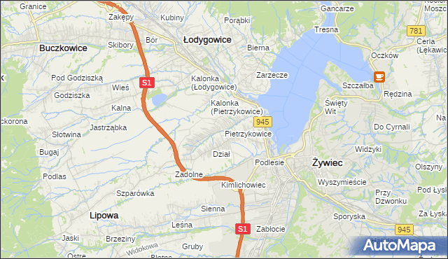 mapa Pietrzykowice gmina Łodygowice, Pietrzykowice gmina Łodygowice na mapie Targeo