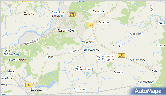 mapa Śmieszkowo gmina Czarnków, Śmieszkowo gmina Czarnków na mapie Targeo