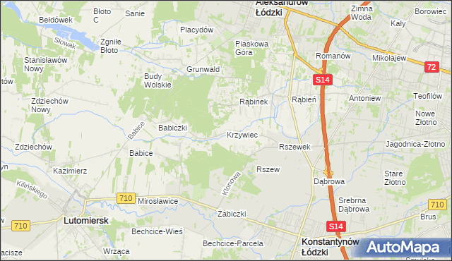 mapa Krzywiec gmina Aleksandrów Łódzki, Krzywiec gmina Aleksandrów Łódzki na mapie Targeo