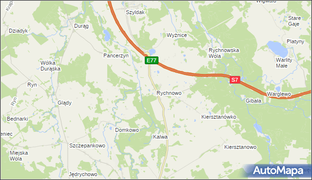 mapa Rychnowo gmina Grunwald, Rychnowo gmina Grunwald na mapie Targeo