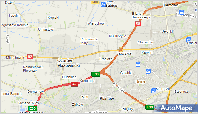 mapa Bronisze gmina Ożarów Mazowiecki, Bronisze gmina Ożarów Mazowiecki na mapie Targeo