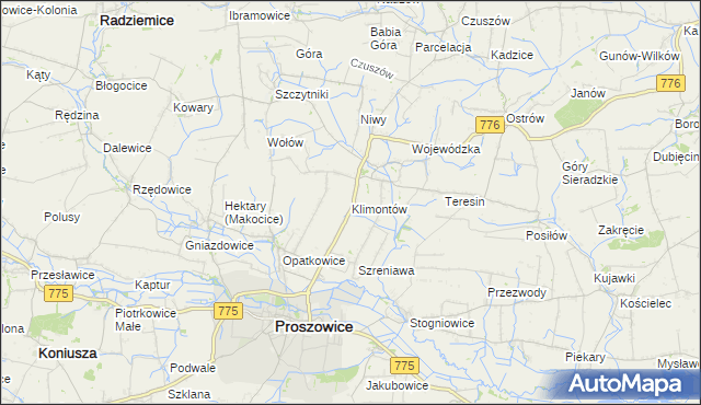 mapa Klimontów gmina Proszowice, Klimontów gmina Proszowice na mapie Targeo