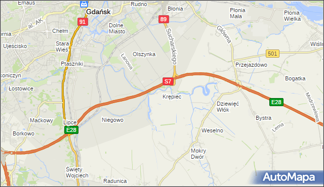 mapa Krępiec gmina Pruszcz Gdański, Krępiec gmina Pruszcz Gdański na mapie Targeo