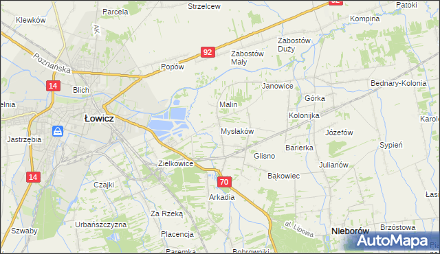 mapa Mysłaków gmina Nieborów, Mysłaków gmina Nieborów na mapie Targeo