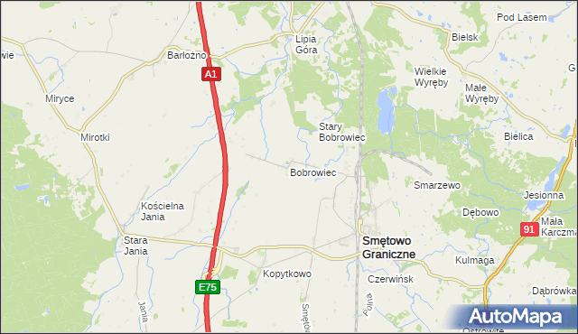 mapa Bobrowiec gmina Smętowo Graniczne, Bobrowiec gmina Smętowo Graniczne na mapie Targeo