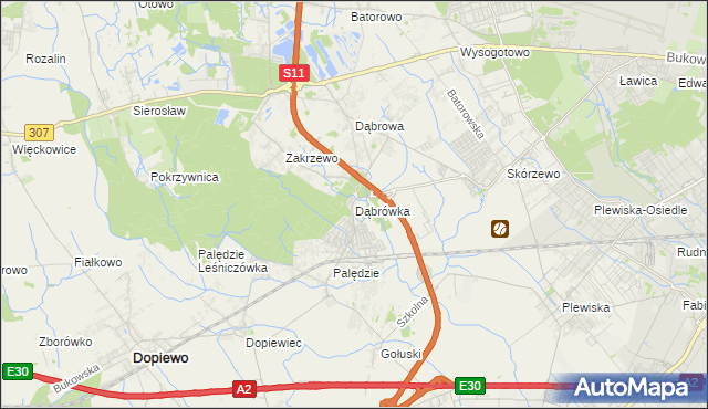 mapa Dąbrówka gmina Dopiewo, Dąbrówka gmina Dopiewo na mapie Targeo