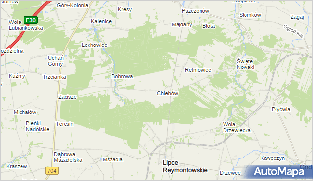 mapa Chlebów gmina Lipce Reymontowskie, Chlebów gmina Lipce Reymontowskie na mapie Targeo