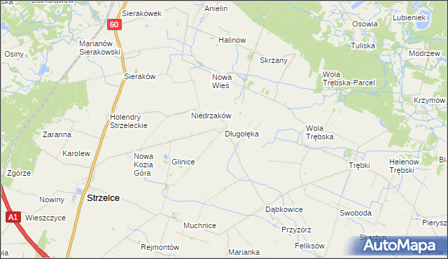mapa Długołęka gmina Strzelce, Długołęka gmina Strzelce na mapie Targeo