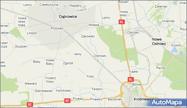 mapa Ostrówki gmina Dąbrowice, Ostrówki gmina Dąbrowice na mapie Targeo
