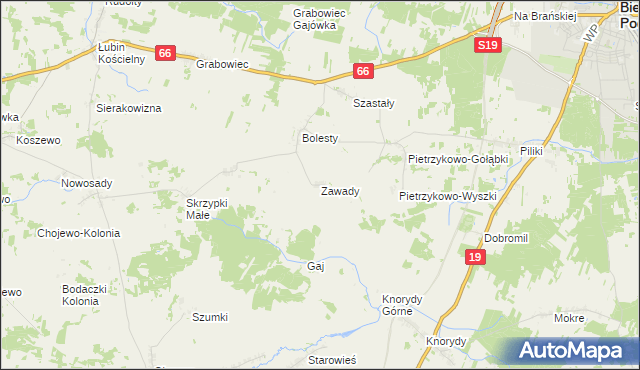 mapa Zawady gmina Bielsk Podlaski, Zawady gmina Bielsk Podlaski na mapie Targeo