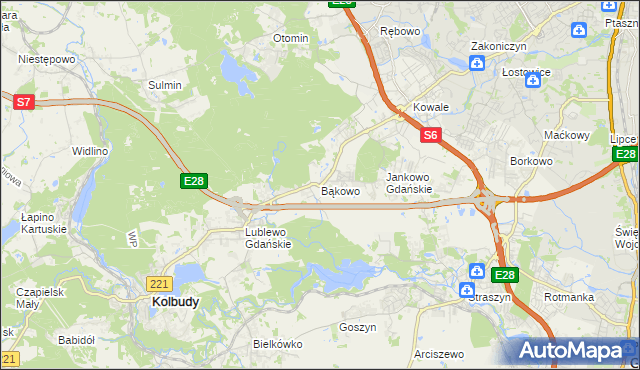 mapa Bąkowo gmina Kolbudy, Bąkowo gmina Kolbudy na mapie Targeo