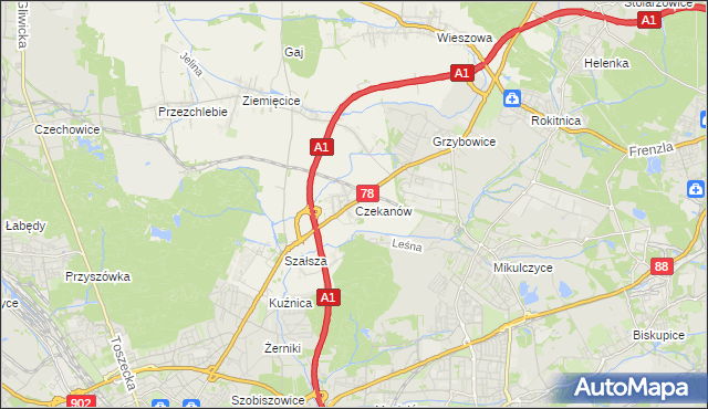mapa Czekanów gmina Zbrosławice, Czekanów gmina Zbrosławice na mapie Targeo
