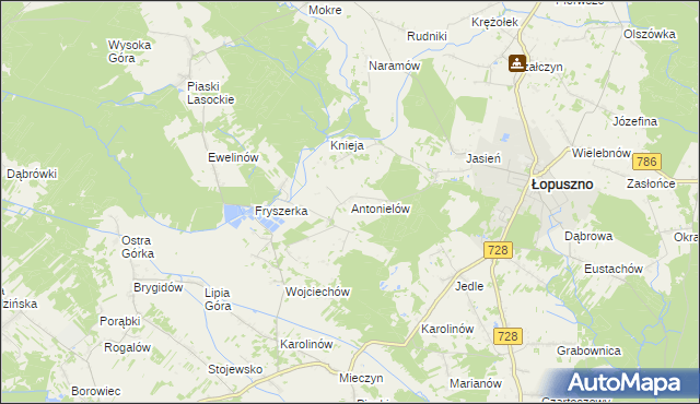 mapa Antonielów gmina Łopuszno, Antonielów gmina Łopuszno na mapie Targeo