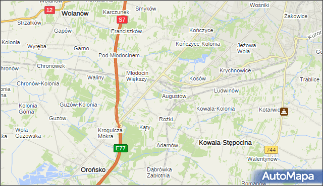 mapa Augustów gmina Kowala, Augustów gmina Kowala na mapie Targeo