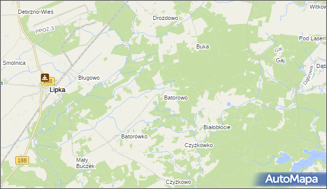 mapa Batorowo gmina Lipka, Batorowo gmina Lipka na mapie Targeo