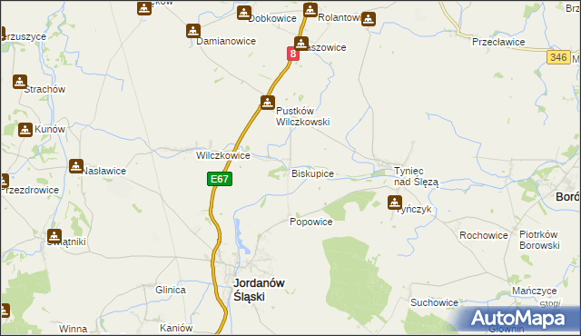 mapa Biskupice gmina Jordanów Śląski, Biskupice gmina Jordanów Śląski na mapie Targeo