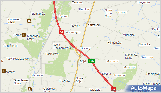 mapa Bociany gmina Strzelce, Bociany gmina Strzelce na mapie Targeo