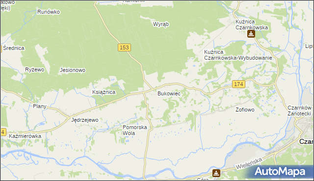 mapa Bukowiec gmina Czarnków, Bukowiec gmina Czarnków na mapie Targeo