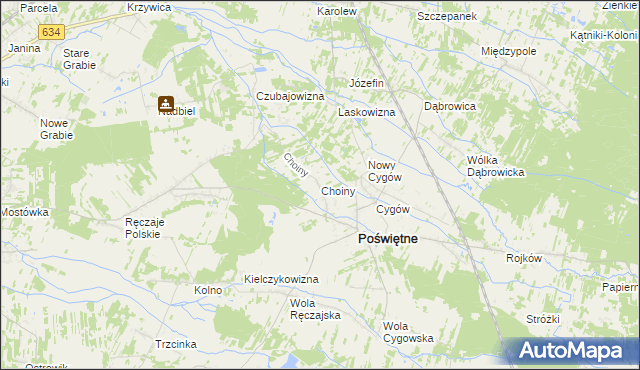 mapa Choiny gmina Poświętne, Choiny gmina Poświętne na mapie Targeo