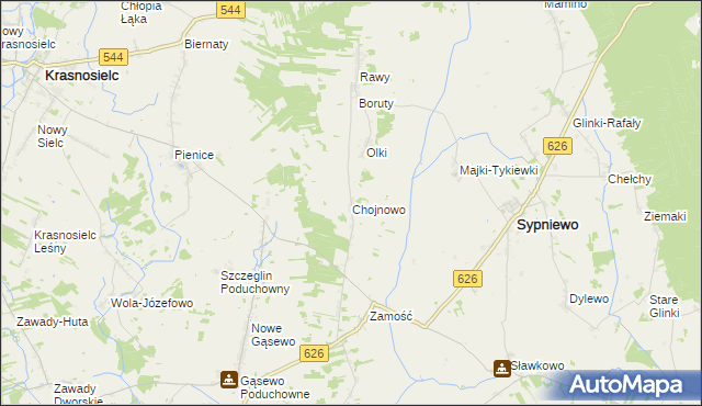 mapa Chojnowo gmina Sypniewo, Chojnowo gmina Sypniewo na mapie Targeo